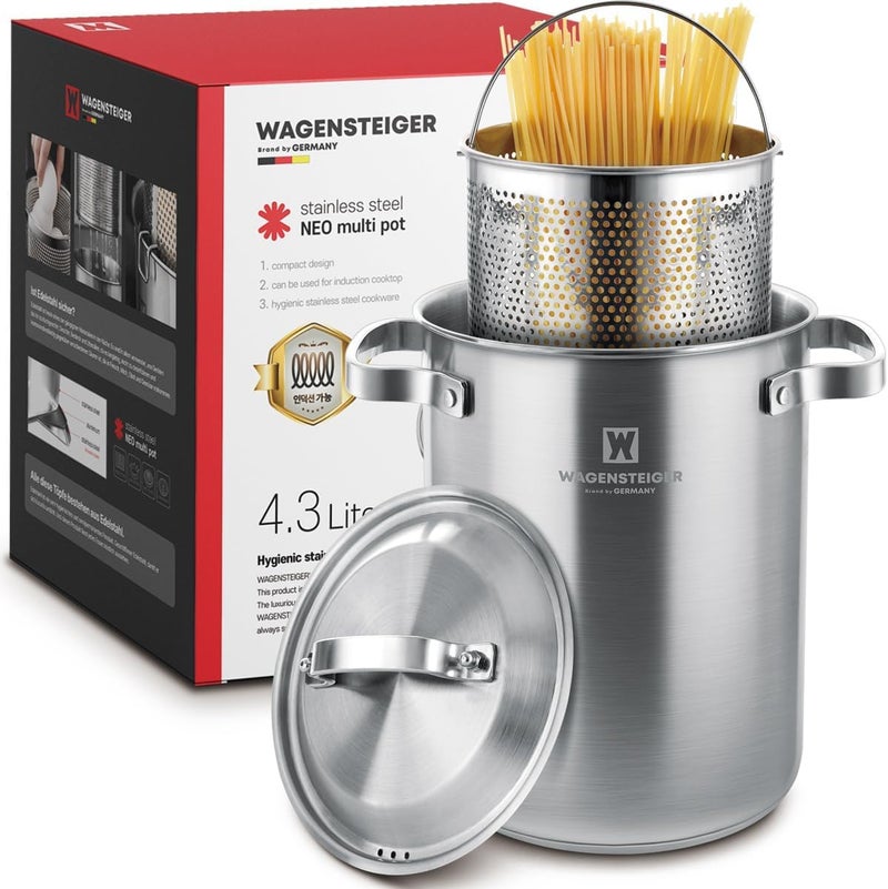 WAGENSTEIGER Premium Stainless Steel Asparagus Steamer Pot or Spaghetti Pasta Stovetop Cooker with Perforated Steamer Basket, Tall & Large Size, Versatile Cookware, 3-Ply Base(4.3Liters/1.14Gals) - Image 1